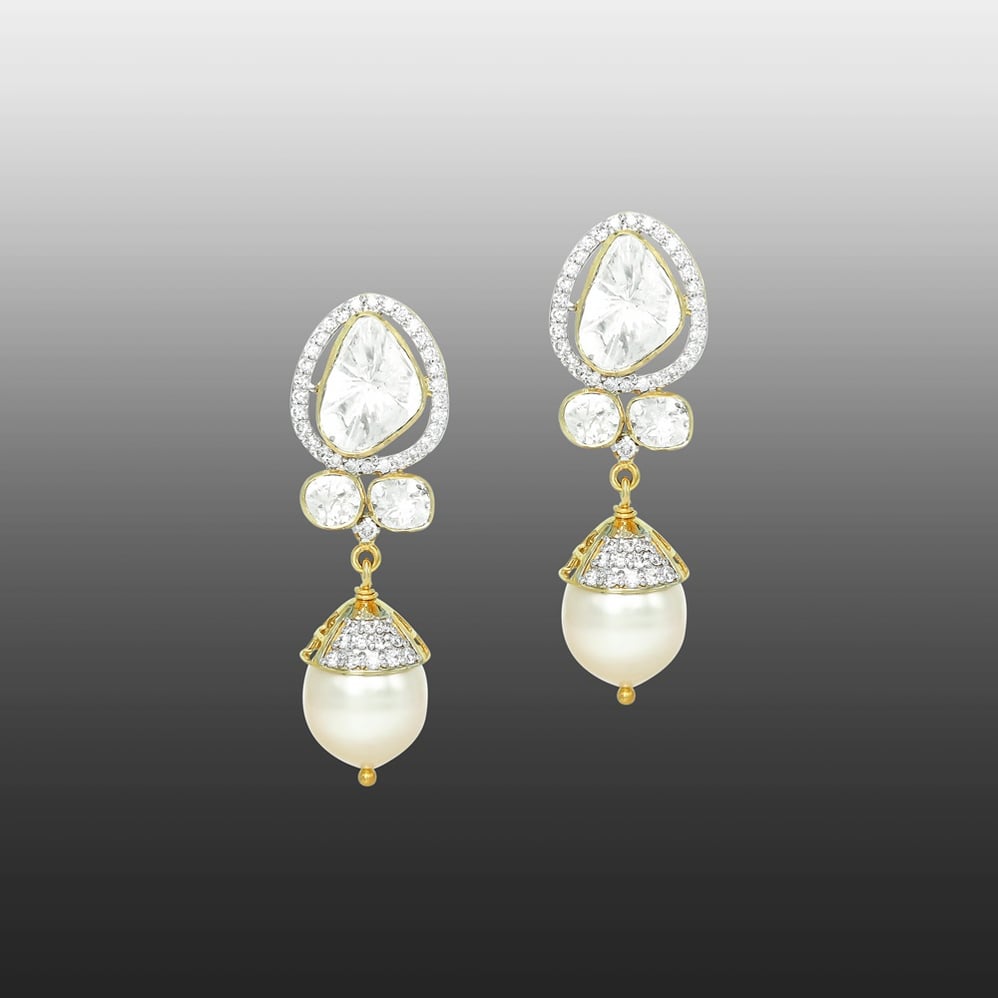 Teardrop Polki Earrings with Diamonds and Pearl Drop